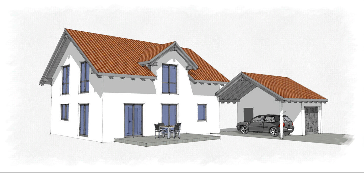 Außenansicht eines modernen Einfamilienhauses mit Garage und Carport in 3D-Render
