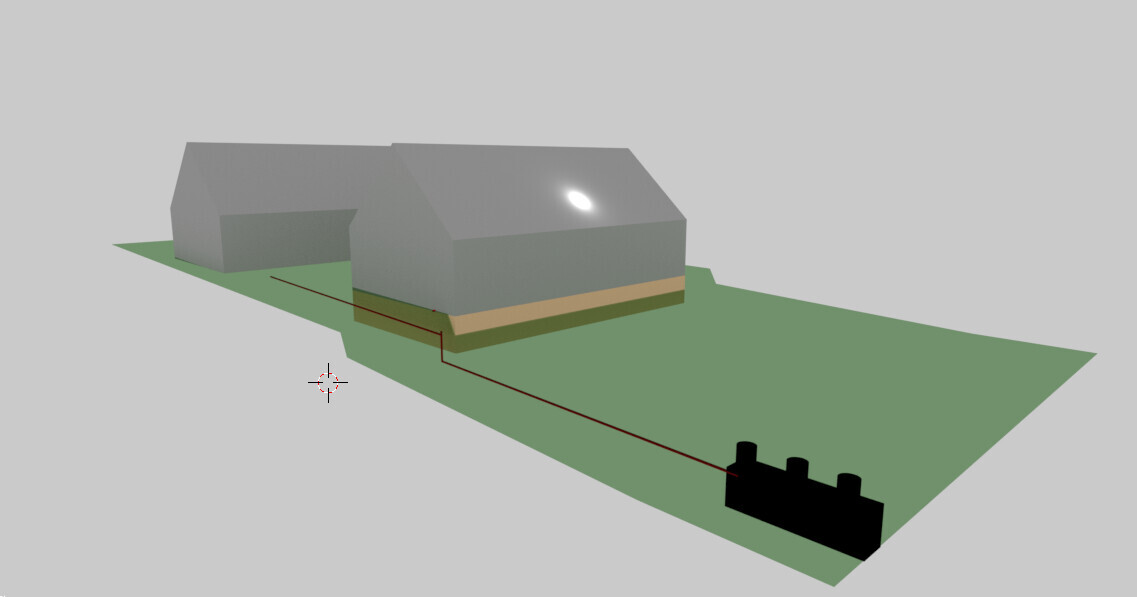 3D-Hausmodell auf Grundstück mit Fundamentboden und grünem Gelände