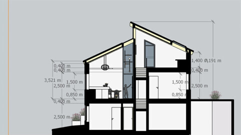 Schnittansicht eines mehrstöckigen Hauses mit Treppen und Innenräumen