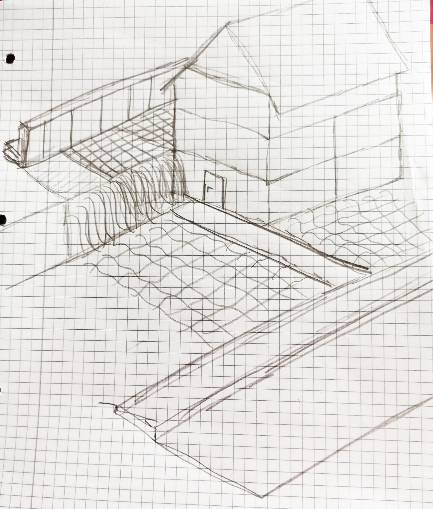 Skizzenhafte 3D-Hausdarstellung mit Dach, Wänden und Eingang auf Graphpapier.