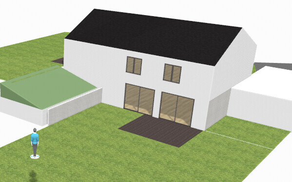 Weißes zweistöckiges Haus mit schwarzem Dach, Terrasse, Garten und einer Person links.