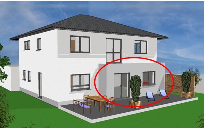Mehrstöckiges weißes Haus mit moderner Terrasse, Esstisch, Sitzgruppen und Pflanzen