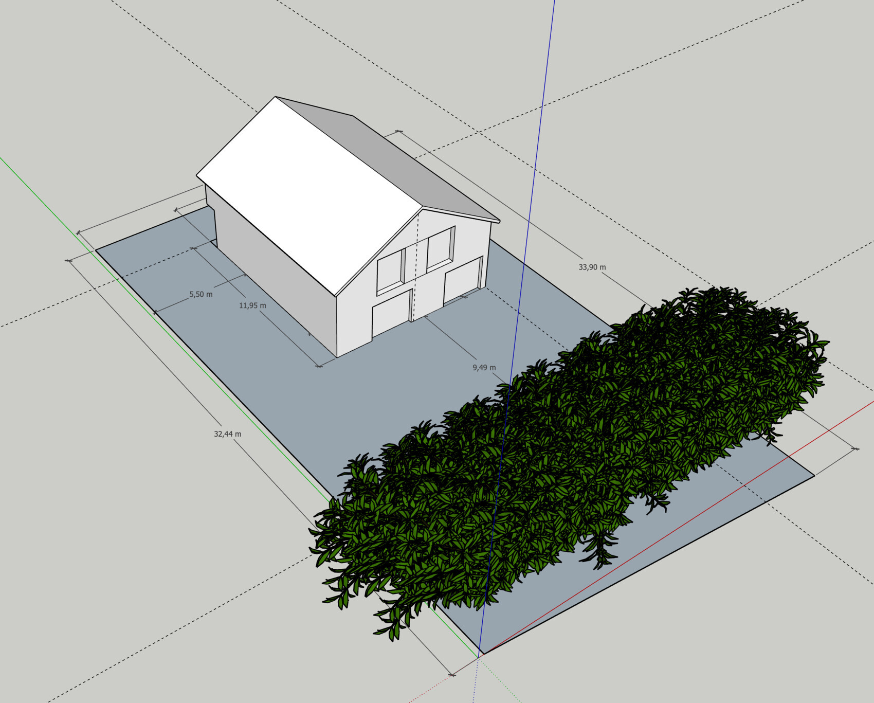 3D-Modell: Haus auf Grundstück mit Hecke und Abmessungen angedeutet