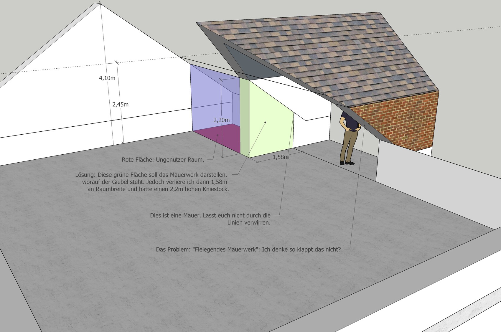 3D-Schnitt eines Hauses mit farbigen Wandflächen, Maßen und einer stehenden Person.