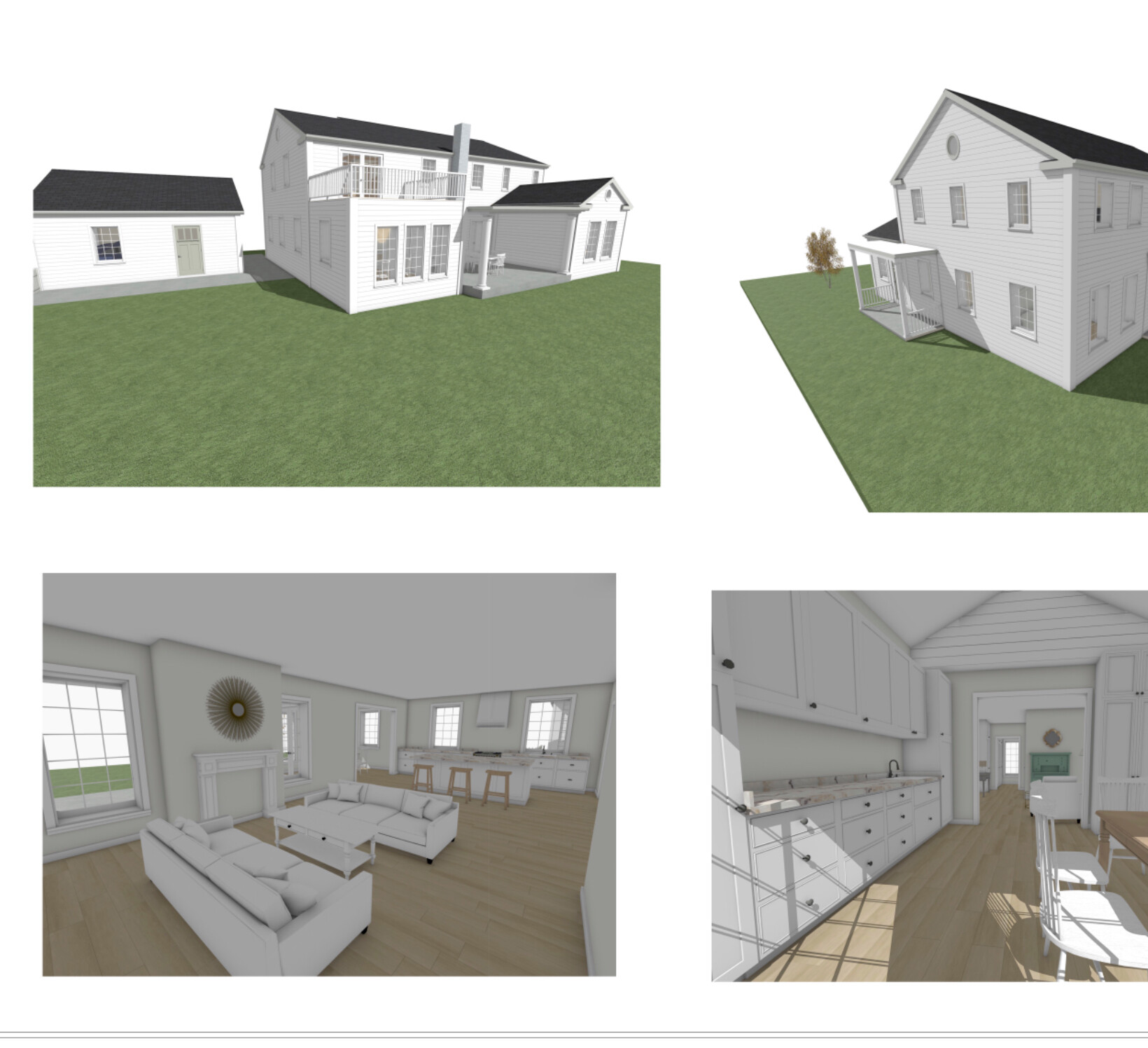 3D-Rendering: Weiße Häuser mit Garten; Innenräume: Wohnzimmer und Küche.