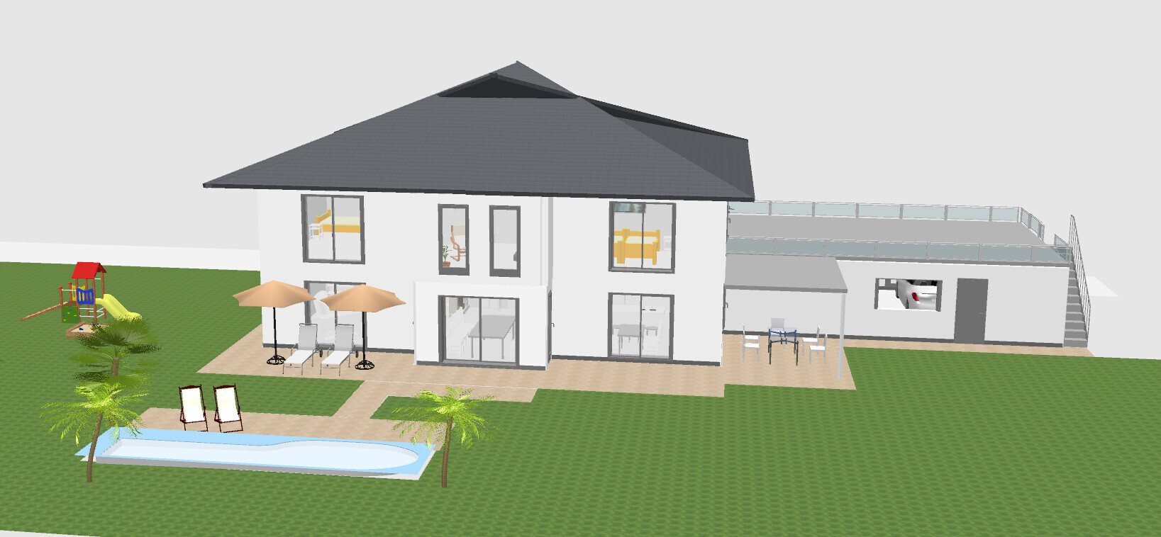 Modernes zweigeschossiges Haus mit Terrasse, Pool, Liegen, Sonnenschirme und Spielturm.