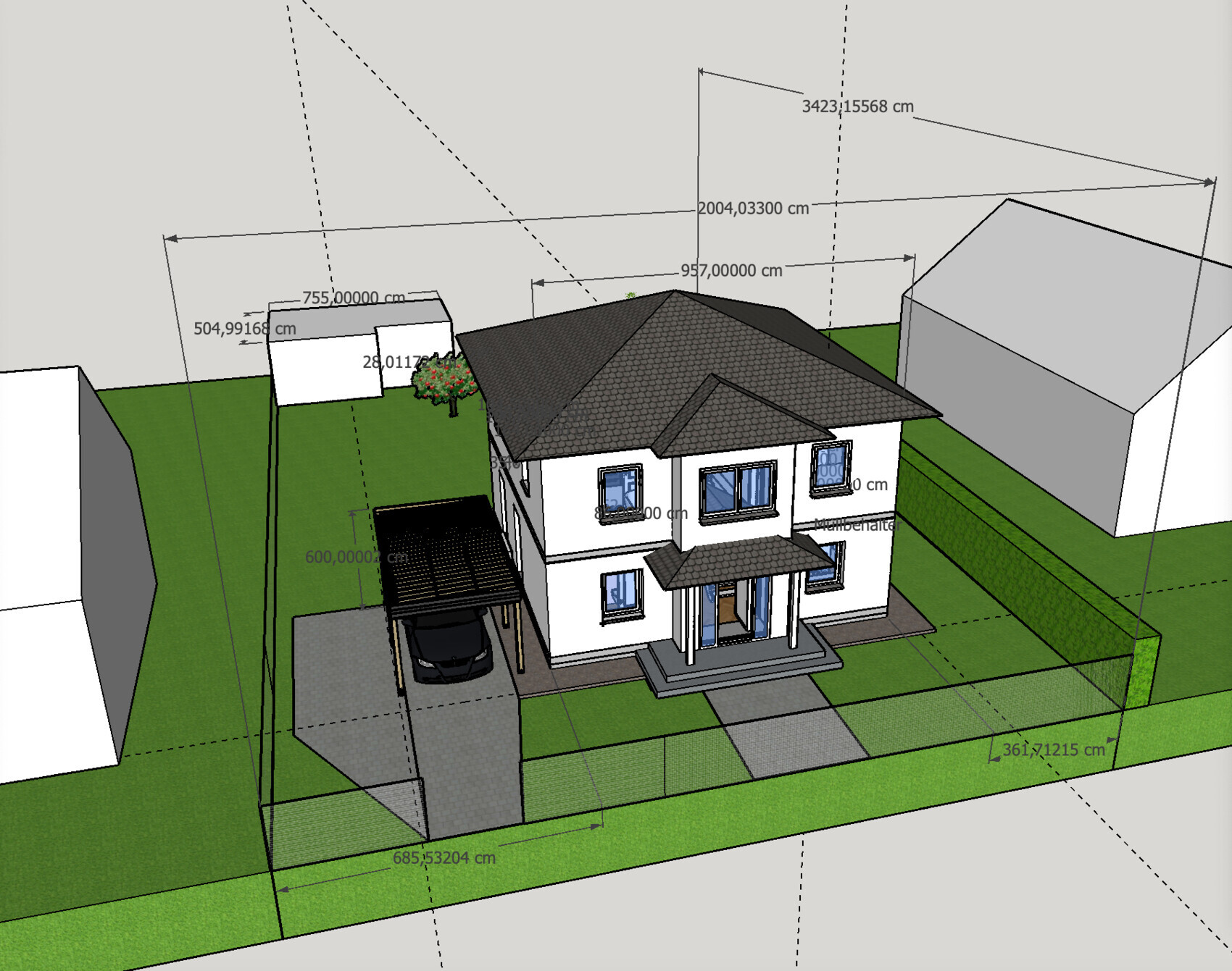 3D-Architekturmodell eines zweistöckigen Hauses mit Carport, Garten und Maßlinien.