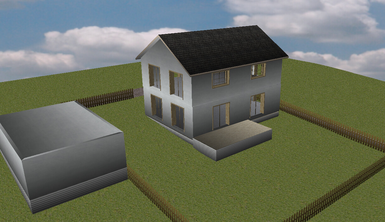 3D-Modell eines Einfamilienhauses mit Terrasse, Garten und Holzzaun