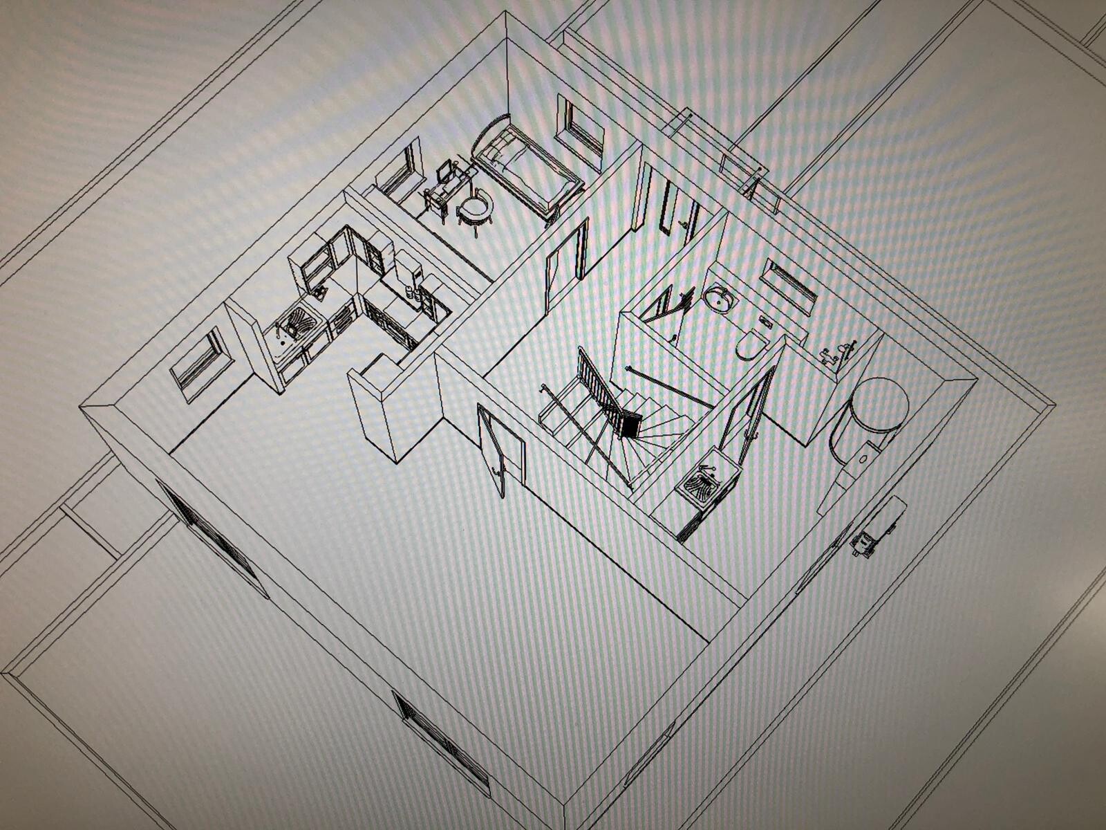 Isometrische 3D-Wohnungszeichnung mit Küche, Bad, Wohnzimmer und Flur.