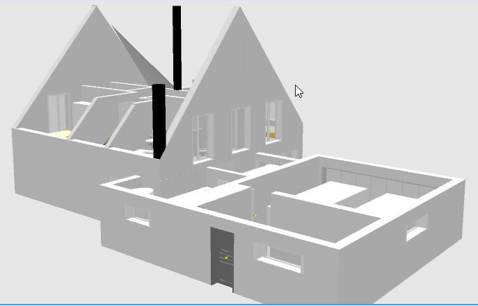Detailliertes 3D-Hausmodell mit Dach und Innenräumen in Grau