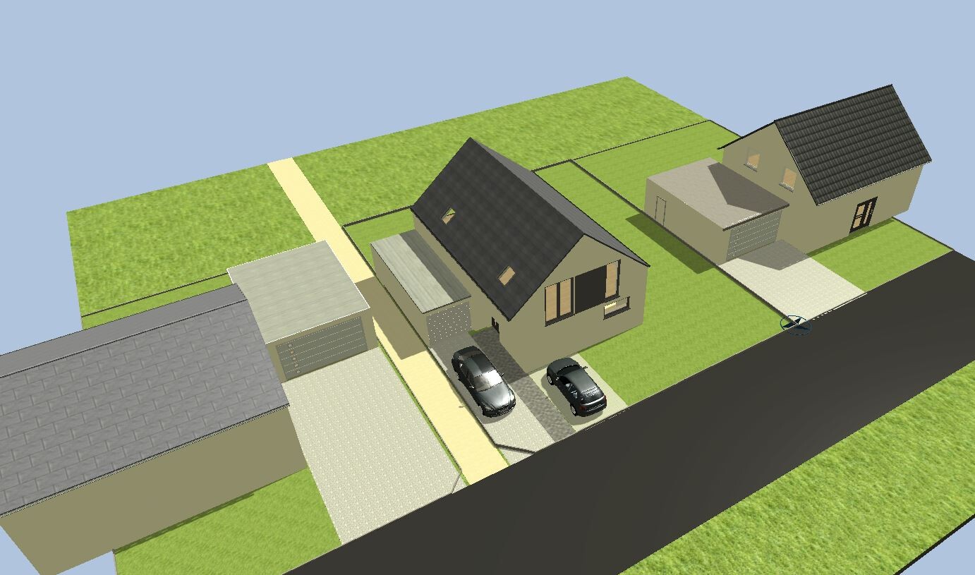 3D-Entwurf einer Straßenszene mit zwei Wohnhäusern, Garagen, zwei geparkten Autos und Grünflächen.