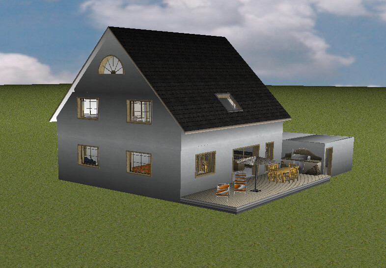3D-Haus mit dunklem Dach, Terrasse mit Möbeln; Innenraum durch Fenster sichtbar.