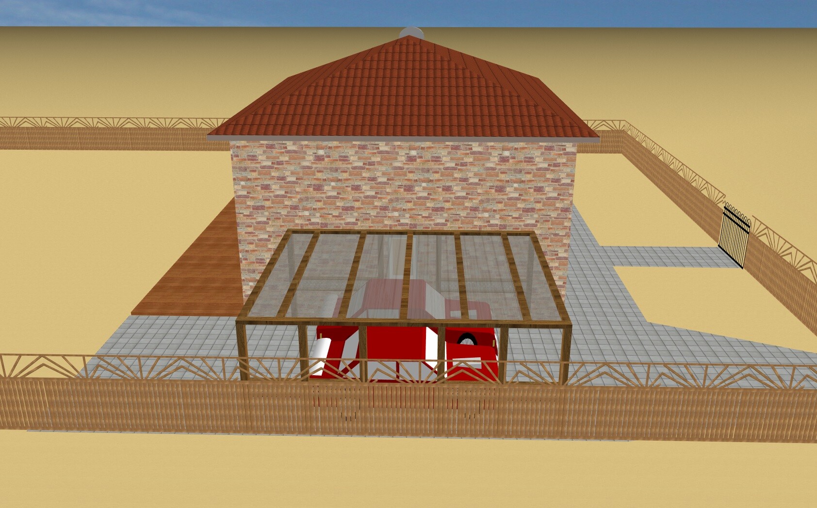 3D-Modell eines Hauses mit rotem Ziegeldach, Steinfassade, verglaster Veranda und Zaun.