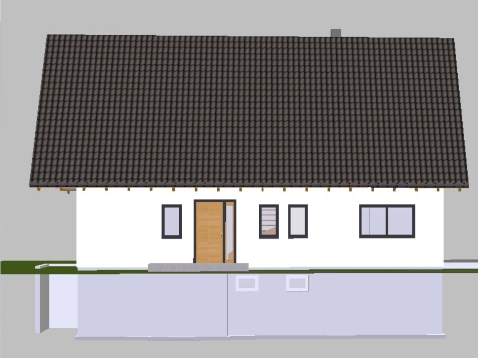 Weißes Einfamilienhaus mit braunem Ziegeldach, Holztür, Fensterfront und Kellerfläche.