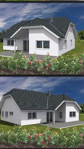Weißes Einfamilienhaus mit dunklem Ziegeldach, zwei Ansichten, Garten mit Blumen