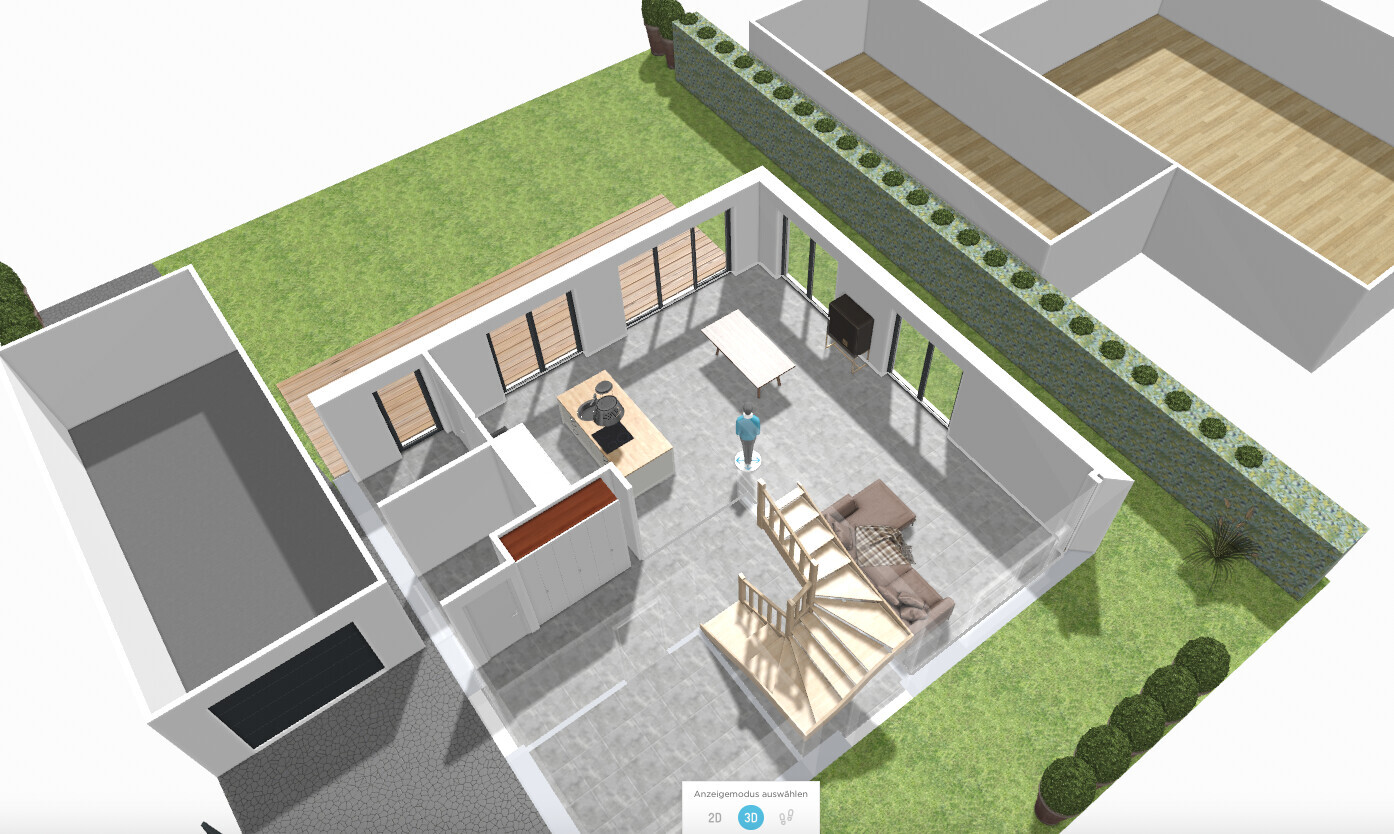 Virtueller Grundriss: Offener Wohnbereich mit Kücheninsel, Esstisch, Sofa, Treppe.
