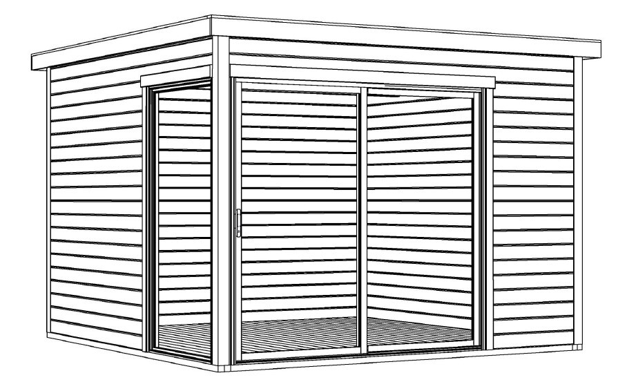 3D-Skizze eines kleinen Holzhauses mit horizontaler Verkleidung und Schiebetüren