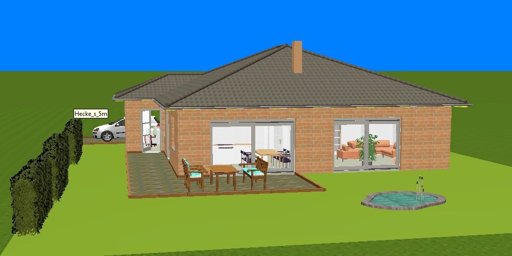 Einfamilienhaus mit Garten und Holzdeck, sichtbare Inneneinrichtung durch Glasfront, Pool rechts