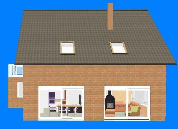 Zweistöckiges Ziegelhaus mit Dach, linker Balkon, Glastüren zu Wohn- und Esszimmer, Kamin sichtbar.