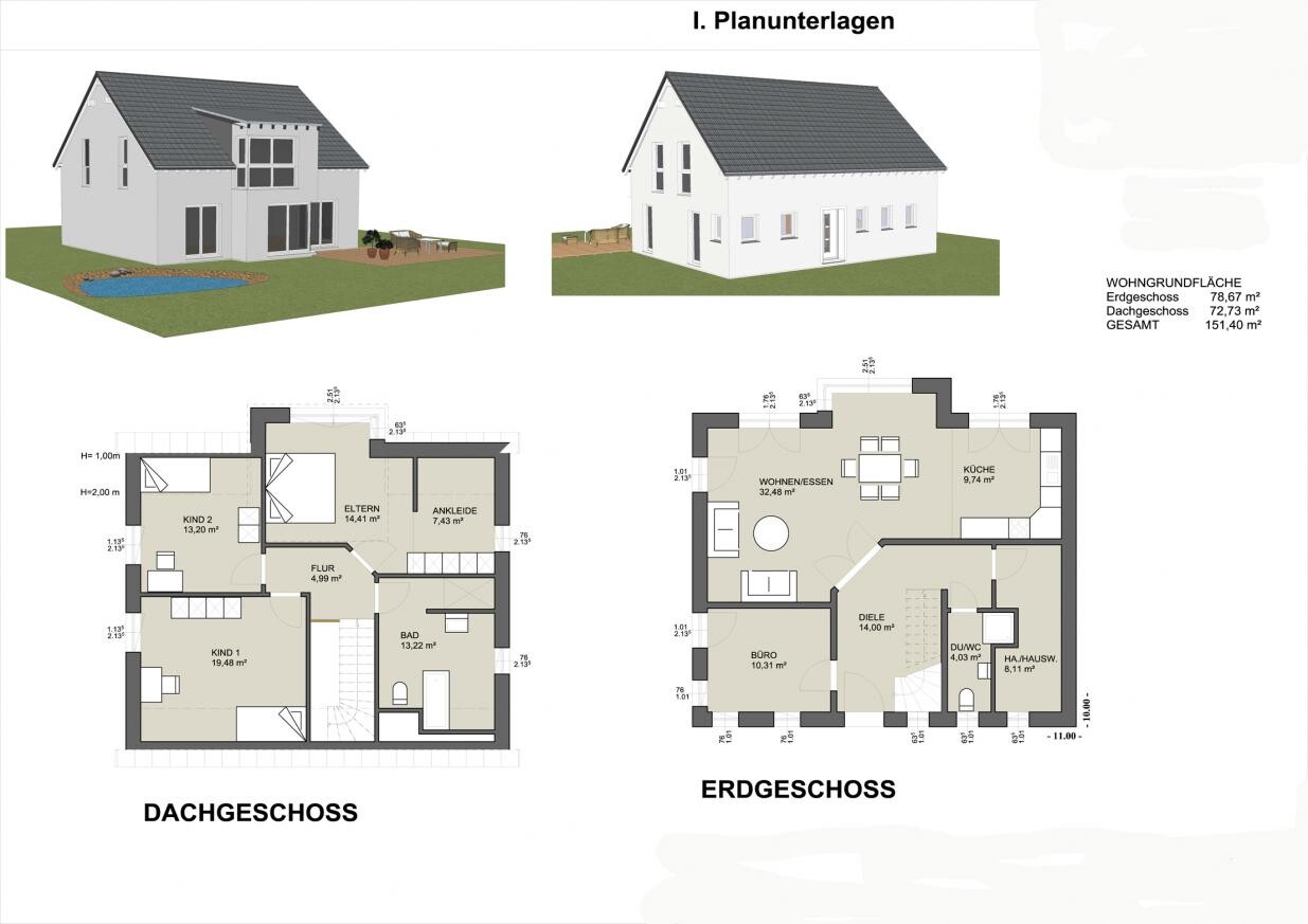 Zwei 3D-Hausansichten mit Garten neben Grundrissplänen Erd- und Dachgeschoss