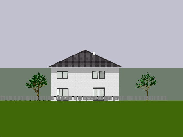 Zweistöckiges weißes Haus mit dunklem Dach, von Bäumen flankiert, Garten mit Zaun.