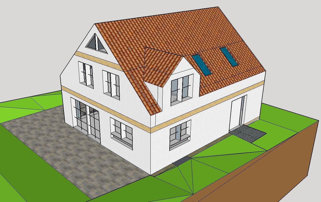 3D-Modell: Weißes Haus mit rotem Ziegeldach, Gaube, Dachfenstern, Zufahrt und grünem Hang.