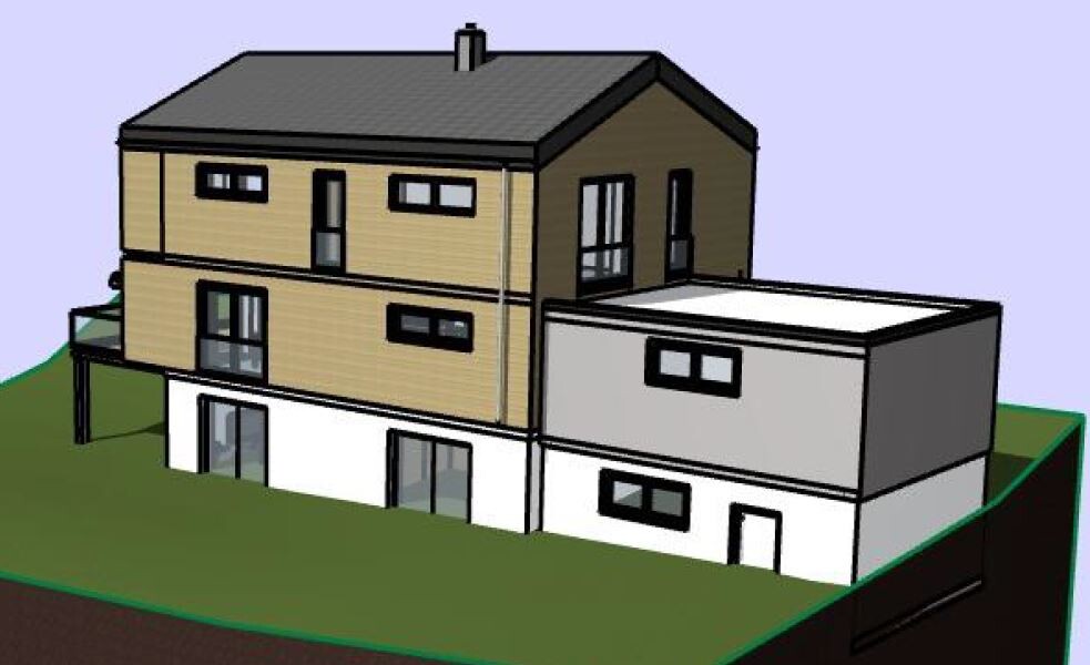 3D-Ansicht eines modernen Hauses auf einem Grundstück
