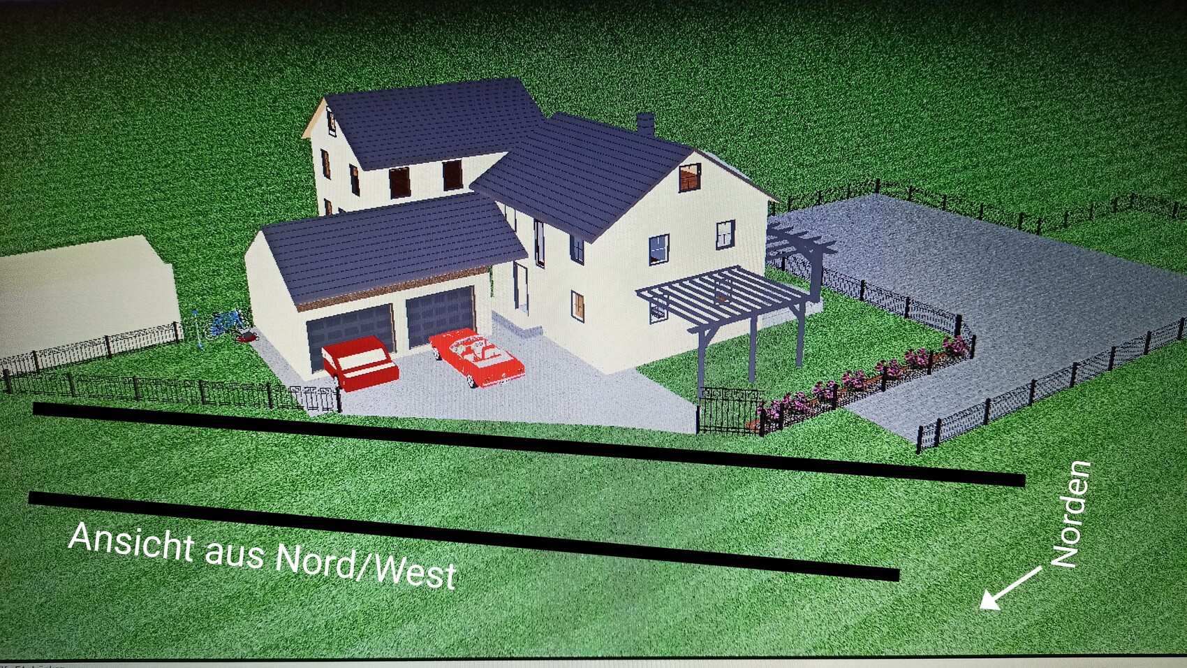 Modell eines weißen Hauses mit blauem Dach, Garage, zwei roten Autos, Pergola und Garten.
