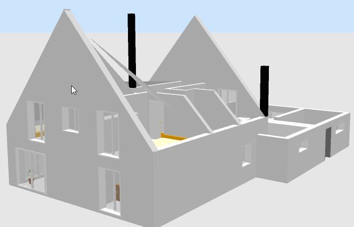 3D-Hausmodell: graues Gebäude mit Dachschrägen und Schornsteinen