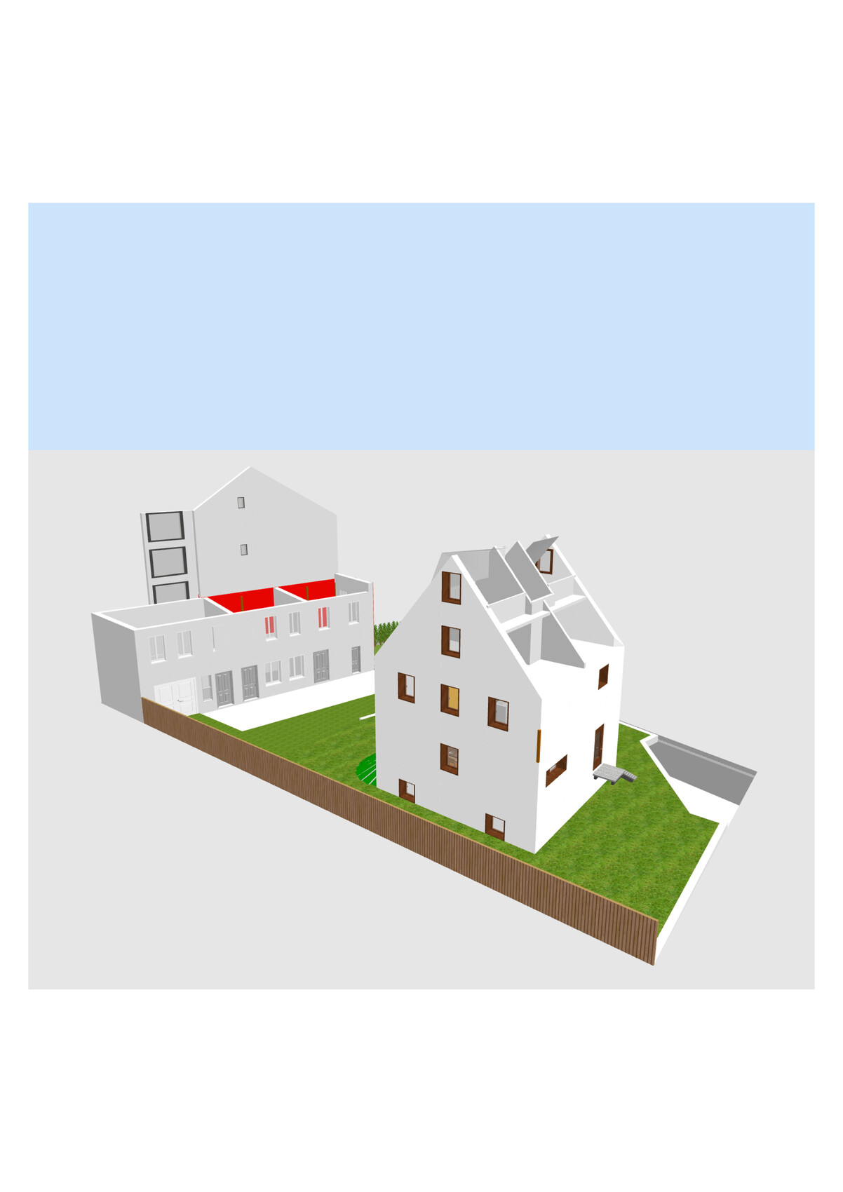 3D-Rendering: Weißes Mehrfamilienhaus mit Garten, Zaun, neben angrenzender Wohnsiedlung.