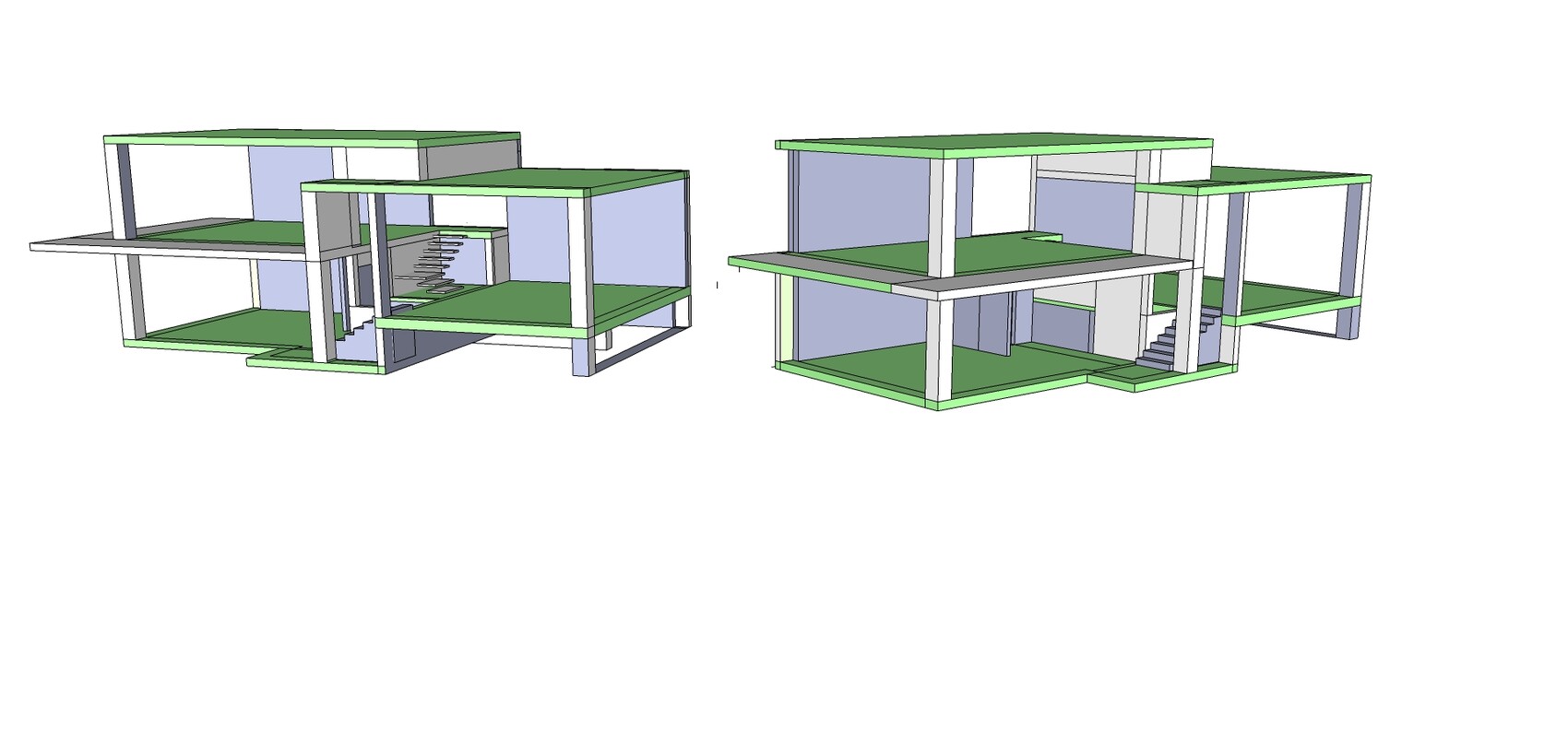 Zwei verbundene 3D-Hausstrukturen mit grünen Dachflächen, weißen Stützen und hellblauen Innenwänden