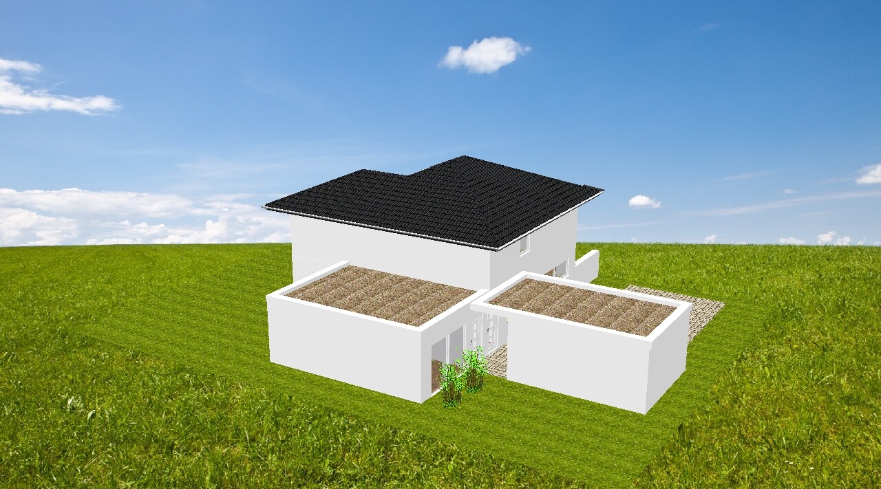 3D-Hausmodell: Weißes Einfamilienhaus mit dunklem Satteldach auf grünem Feld
