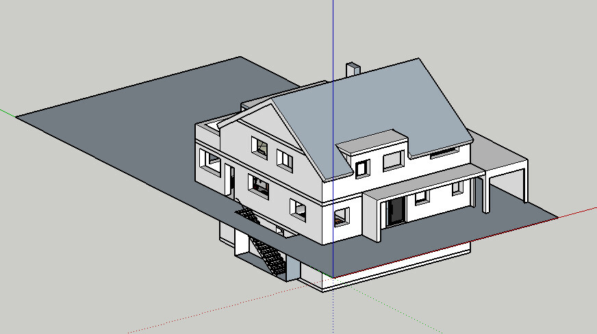Isometrische 3D-Darstellung eines modernen zweistöckigen Hauses mit Dach und Treppen.