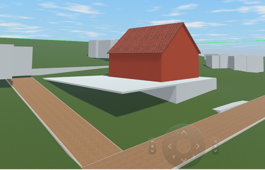 3D-Modell eines roten Hauses auf erhöhtem Fundament in grüner Umgebung