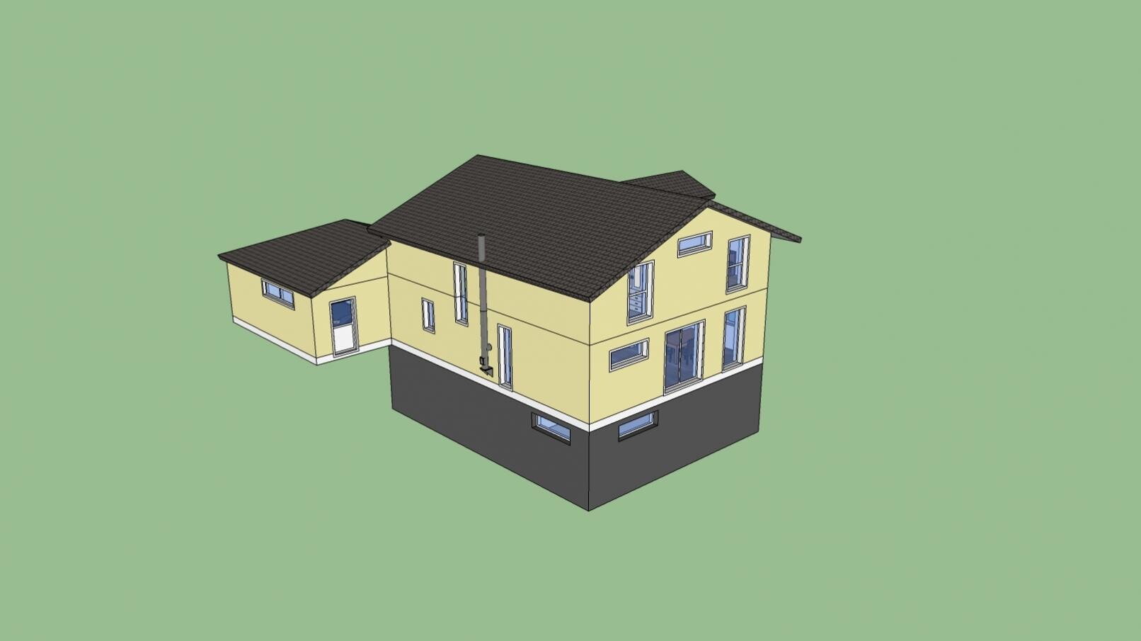 3D-Modell eines gelben Hauses mit Dach, Fenstern und Keller vor grünem Hintergrund