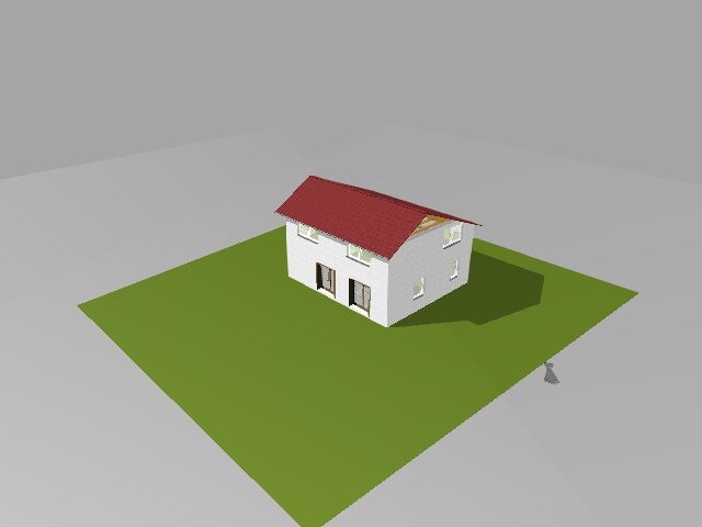 3D-Hausmodell auf grünem Grundstück mit rotem Dach
