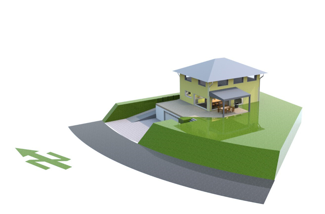 3D-Hausmodell auf Hanglage mit Terrasse, Garten und Zufahrt.