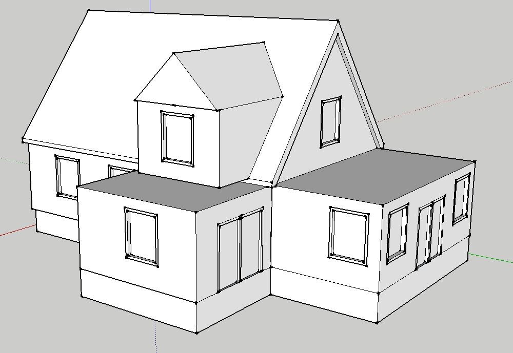 3D-Hausmodell Außenansicht mit Anbau und Flachdächern