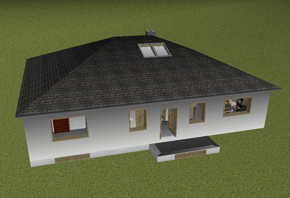 3D-Modell eines Einfamilienhauses mit Satteldach, Fenstern und Eingangstür auf Gras