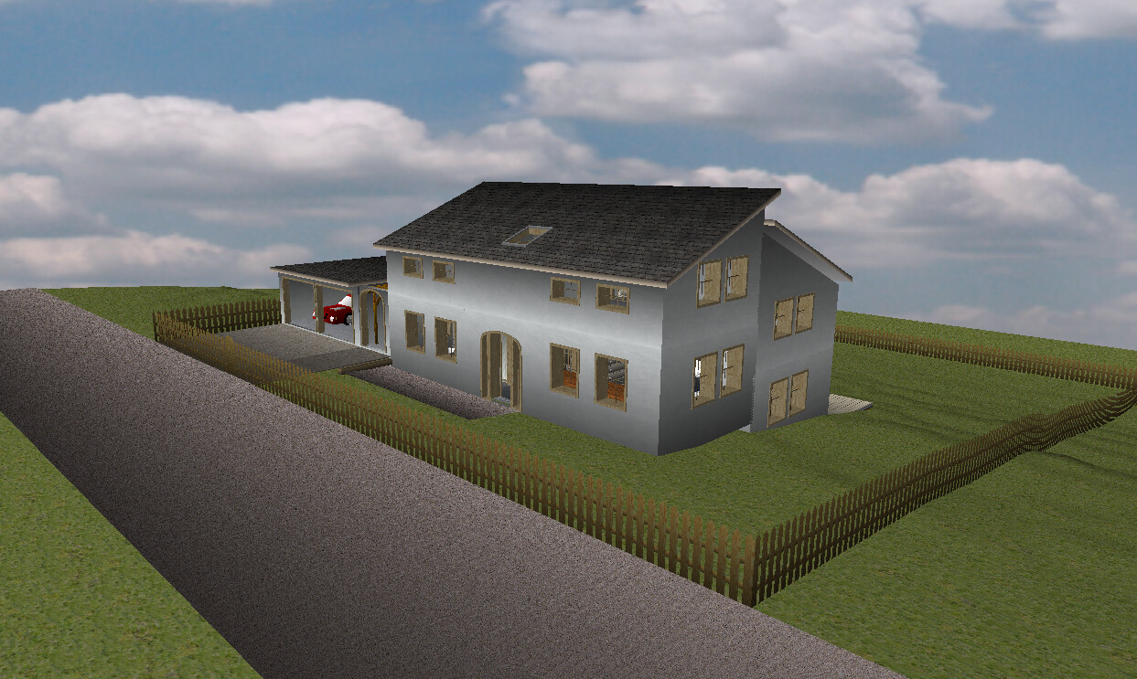 Zweistöckiges graues Haus mit Garage, Zufahrt und Holzzaun auf grünem Grundstück.