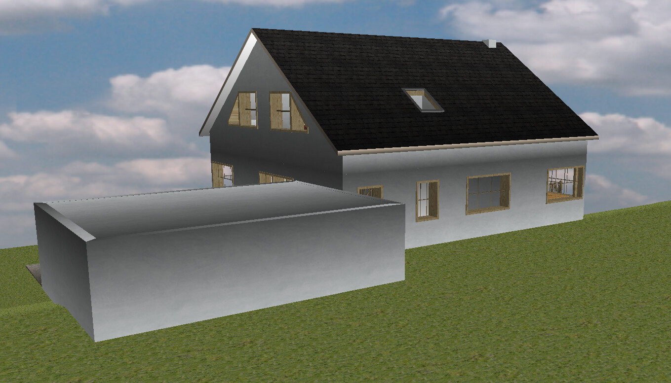 3D-Haus-Rendering: zweistöckiges Haus mit dunklem Satteldach, Holzfenstern und grauem Anbau.