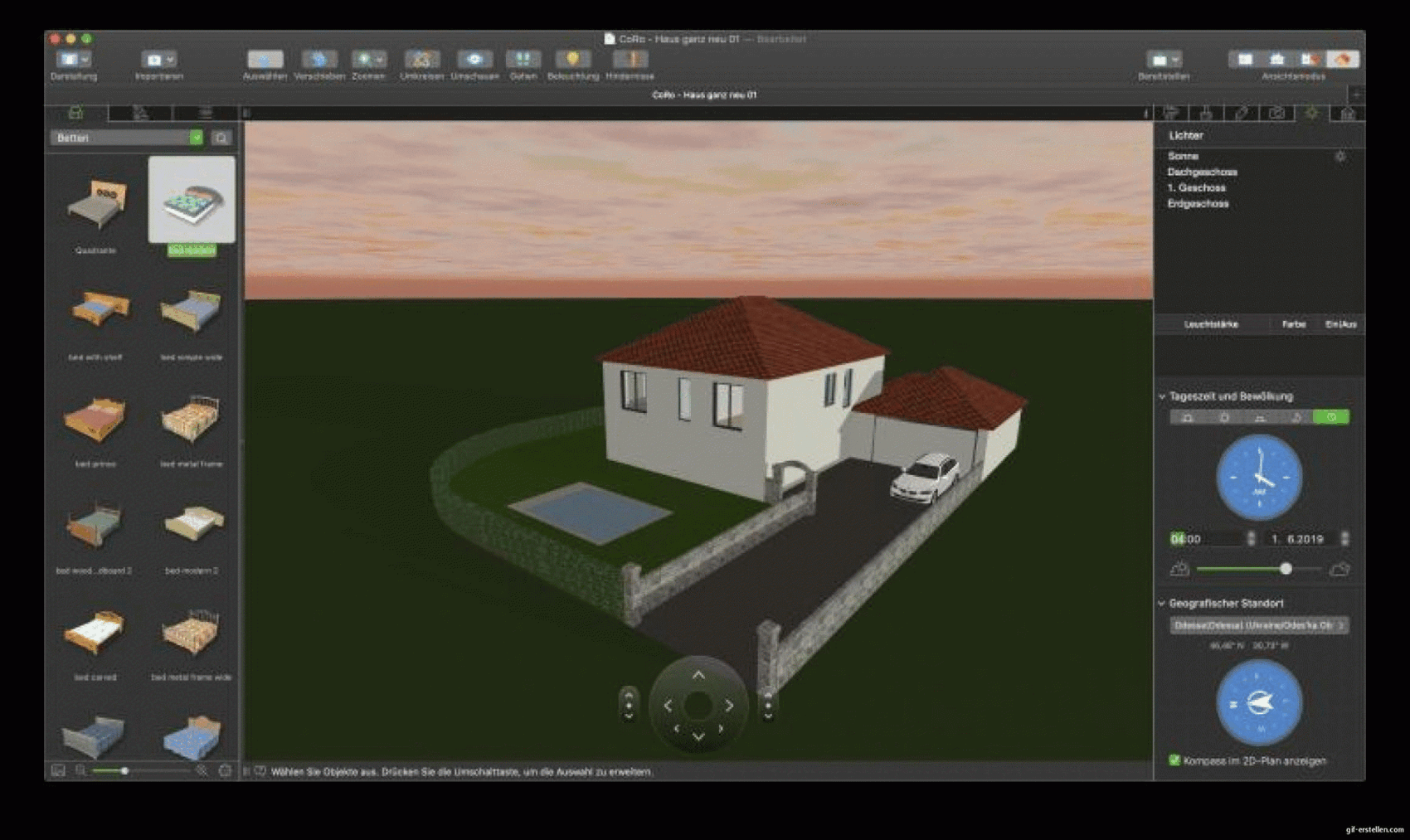 3D-Hausmodell auf Grundstück mit Zaun, Einfahrt und Garten in Design-Software
