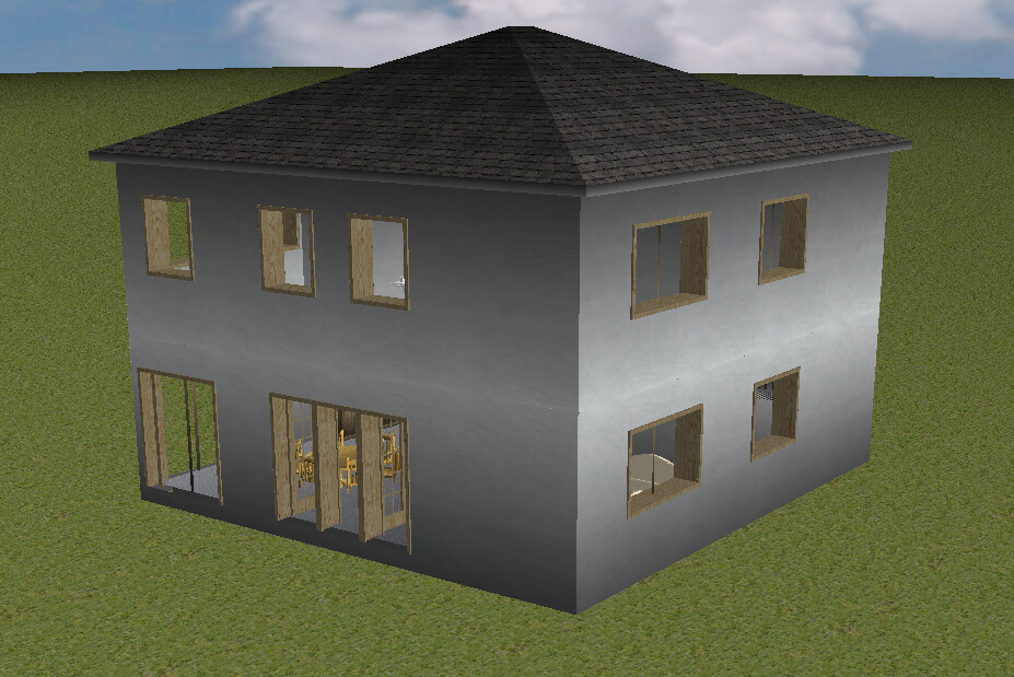 Zweistöckiges graues Haus mit Holzzargenfenstern; Innenraum durch Glasfront sichtbar.