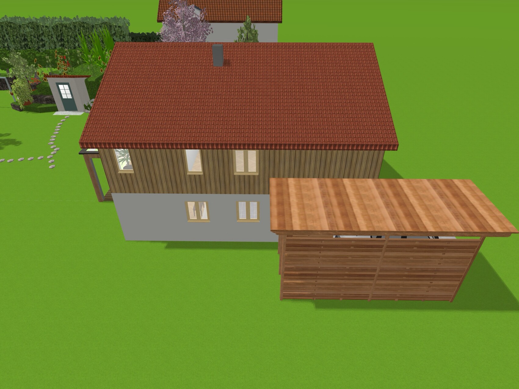 3D-Haus mit rotem Ziegeldach, Holzwandfassade, Anbau und Carport auf grünem Rasen.