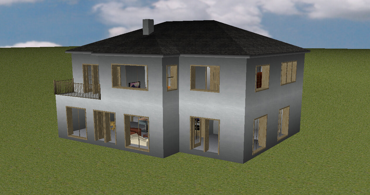 Zweistöckiges graues Haus mit schwarzem Dach, Balkon und großen Glasfenstern; Innen Schlafzimmer sichtbar.