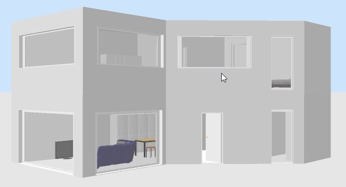 Zweistöckiges modernes Hausmodell mit großen Fenstern und Eingangstür