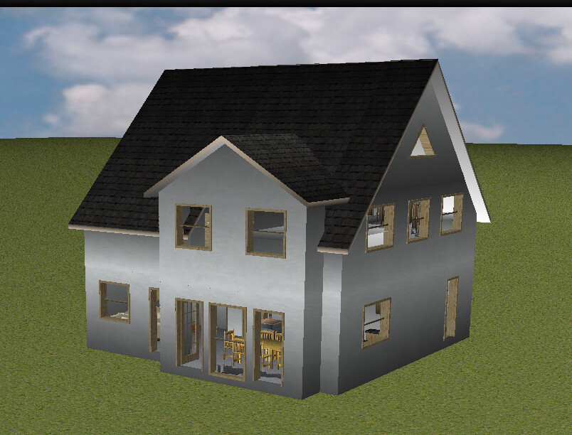 3D-Haus: graues zweistöckiges Gebäude mit dunklem Dach und großen Fenstern; Esstisch sichtbar.