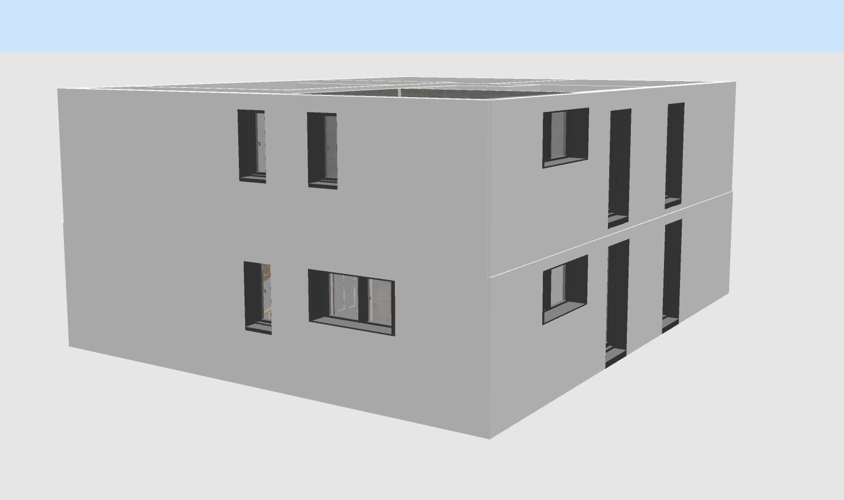 Graues zweistöckiges 3D-Hausmodell mit Fenstern, Seitenansicht