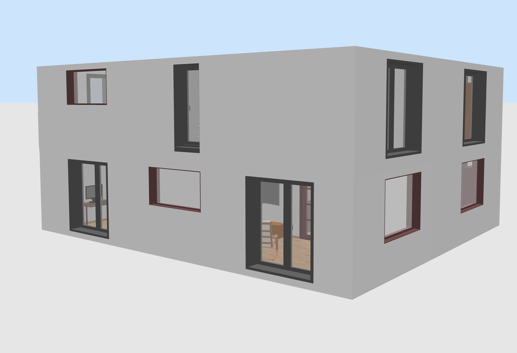 Außenansicht eines grauen zweistöckigen Hauses mit großen dunklen Fenstern in 3D-Modell.