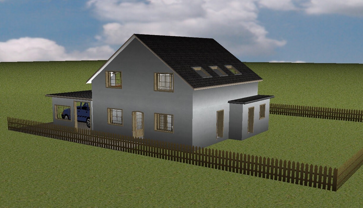 Modern zweistöckiges graues Haus mit Carport, blauem Auto, Dachfenstern, Holzzaun und Garten.